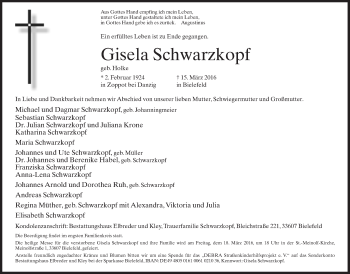 Traueranzeige von Gisela Schwarzkopf von Neue Westfälische