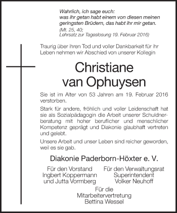 Traueranzeige von Christiane van Ophuysen von Neue Westfälische