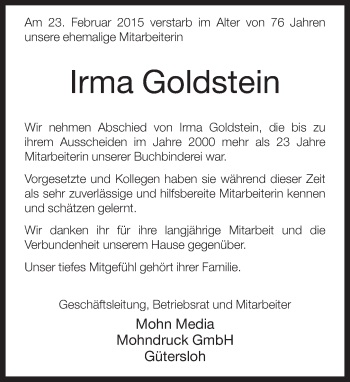 Traueranzeige von Irma Goldstein von Neue Westfälische