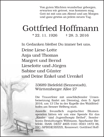 Traueranzeige von Gottfried Hoffmann von Neue Westfälische