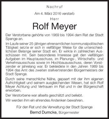 Traueranzeige von Rolf Meyer von Neue Westfälische