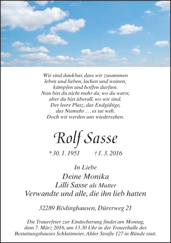 Traueranzeige von Rolf Sasse von Neue Westfälische