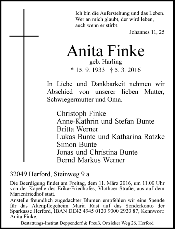 Traueranzeige von Anita Finke von Neue Westfälische