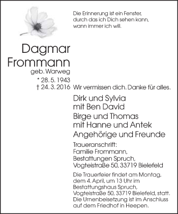 Traueranzeige von Dagmar Frommann von Neue Westfälische