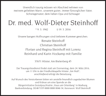 Traueranzeige von Wolf-Dieter Steinhoff von Neue Westfälische