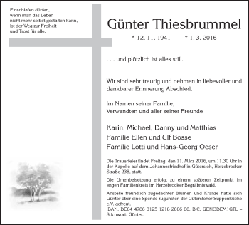 Traueranzeige von Günter Thiesbrummel von Neue Westfälische