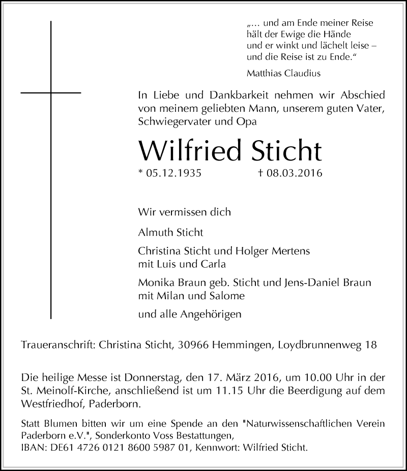  Traueranzeige für Wilfried Sticht vom 12.03.2016 aus Neue Westfälische