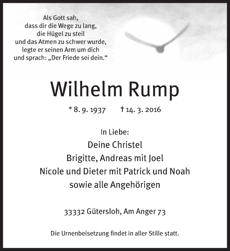  Traueranzeige für Wilhelm Rump vom 19.03.2016 aus Neue Westfälische