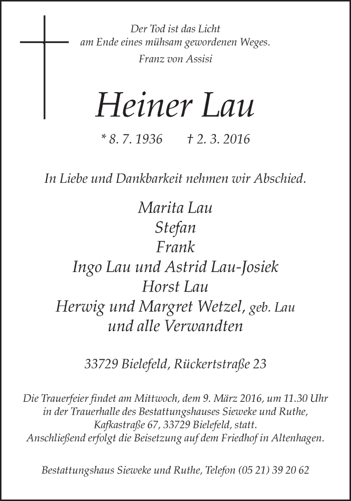  Traueranzeige für Heiner Lau vom 05.03.2016 aus Neue Westfälische