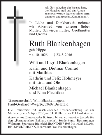 Traueranzeige von Ruth Blankenhagen von Neue Westfälische