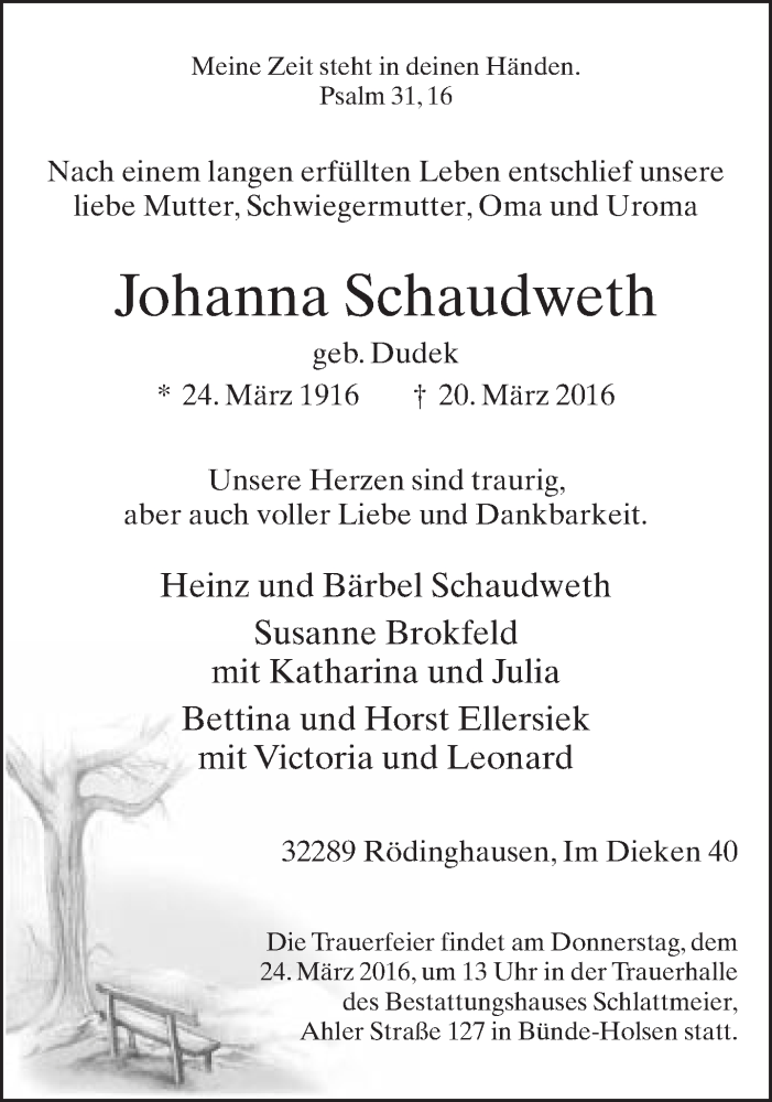  Traueranzeige für Johanna Schaudweth vom 22.03.2016 aus Neue Westfälische