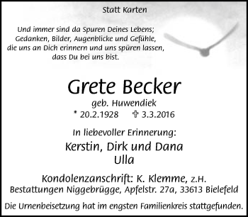 Traueranzeige von Grete Becker von Neue Westfälische