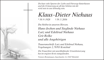 Traueranzeige von Klaus-Dieter Niehaus von Neue Westfälische