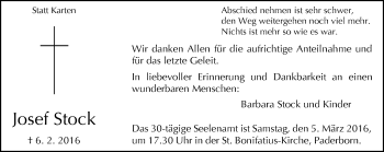 Traueranzeige von Josef Stock von Neue Westfälische