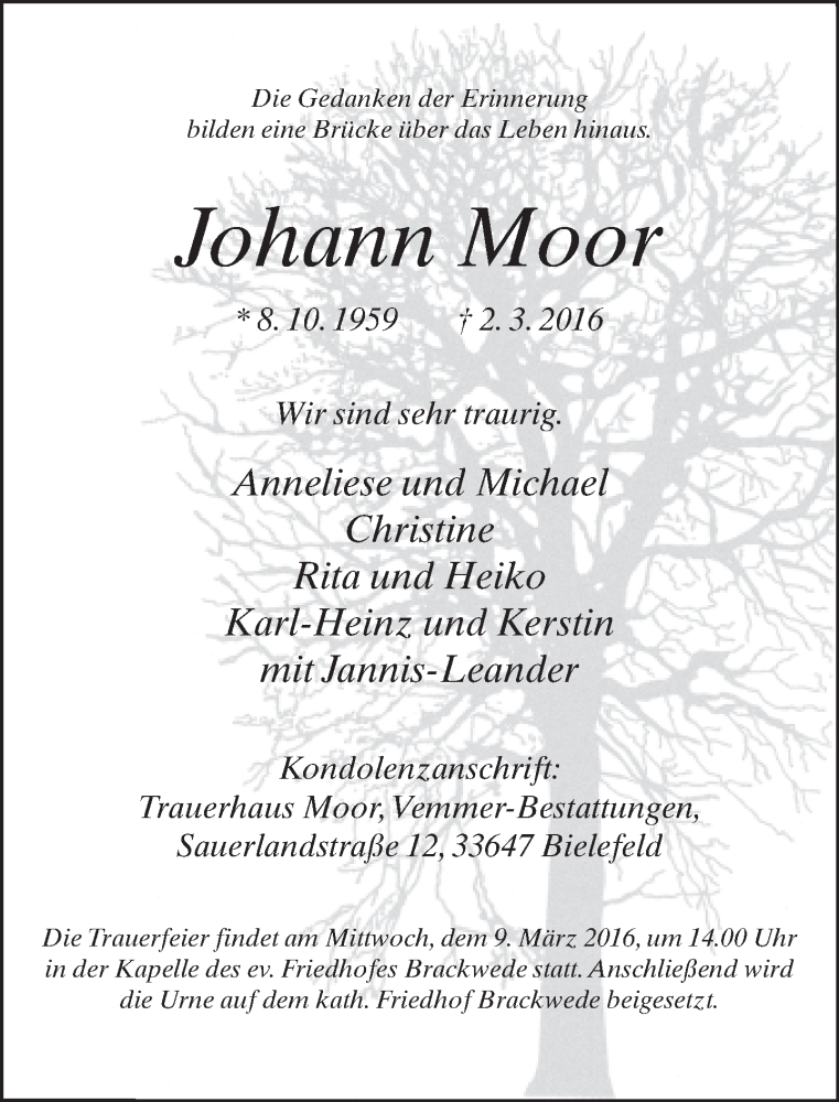  Traueranzeige für Johann Moor vom 05.03.2016 aus Neue Westfälische