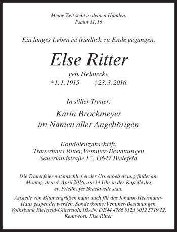 Traueranzeige von Else Ritter von Neue Westfälische