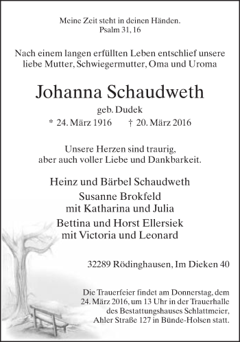 Traueranzeige von Johanna Schaudweth von Neue Westfälische