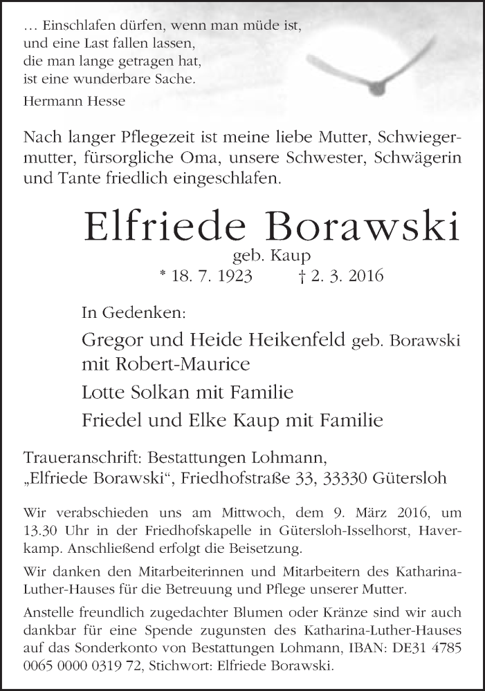  Traueranzeige für Elfriede Borawski vom 05.03.2016 aus Neue Westfälische