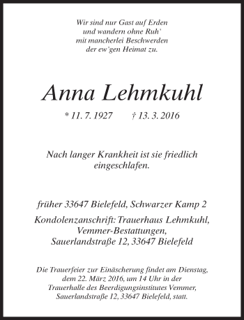 Traueranzeige von Anna Lehmkuhl von Neue Westfälische