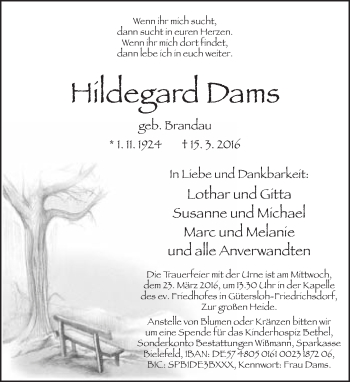 Traueranzeige von Hildegard Dams von Neue Westfälische