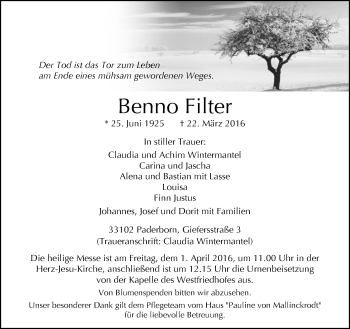 Traueranzeige von Benno Filter von Neue Westfälische