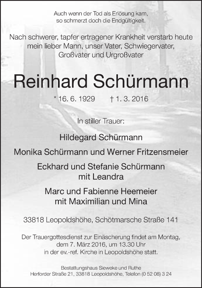  Traueranzeige für Reinhard Schürmann vom 03.03.2016 aus Neue Westfälische