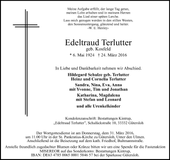 Traueranzeige von Edeltraud Terlutter von Neue Westfälische