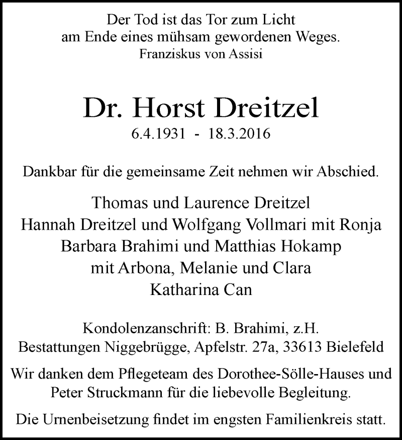  Traueranzeige für Horst Dreitzel vom 25.03.2016 aus Neue Westfälische