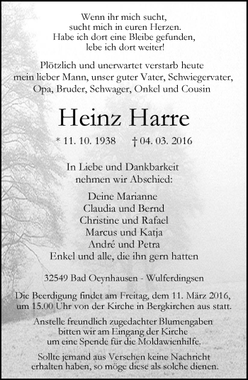 Traueranzeige von Heinz Harre von Neue Westfälische