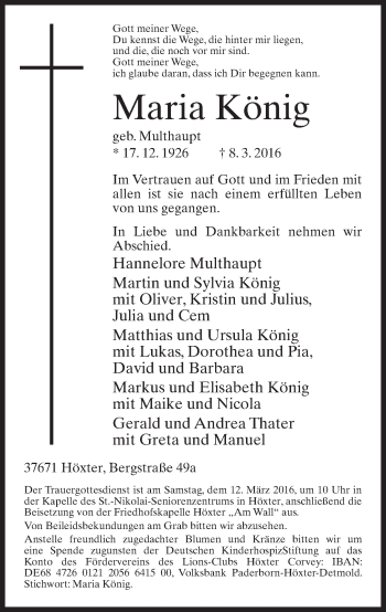 Traueranzeige von Maria König von Neue Westfälische