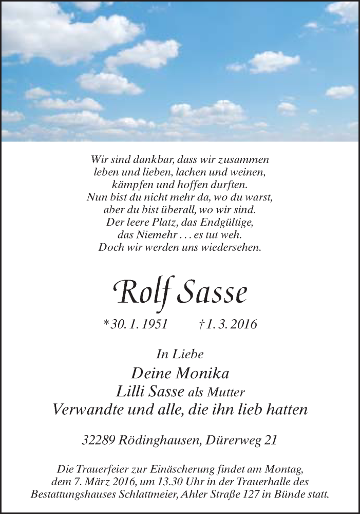  Traueranzeige für Rolf Sasse vom 03.03.2016 aus Neue Westfälische