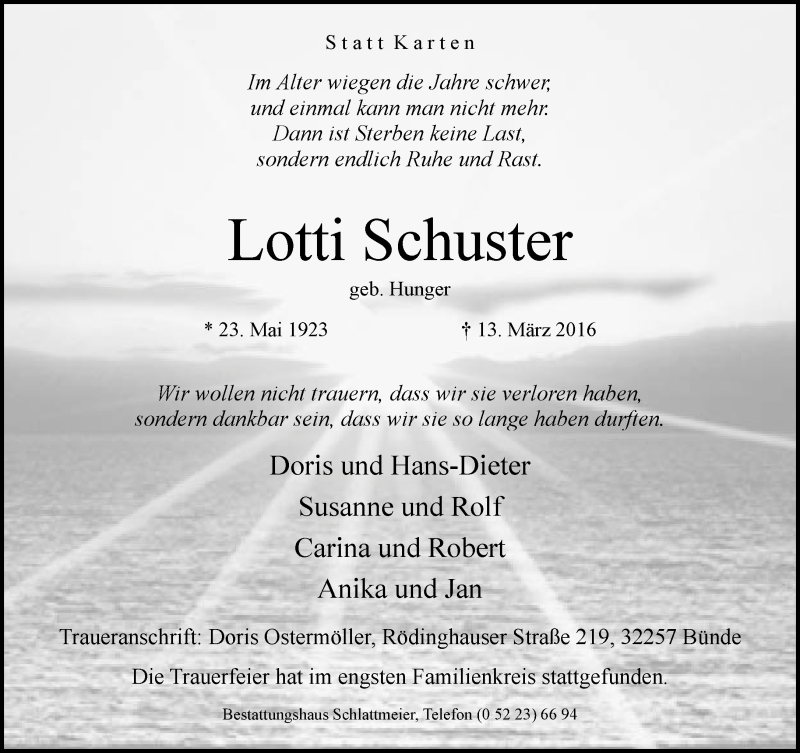  Traueranzeige für Lotti Schuster vom 19.03.2016 aus Neue Westfälische