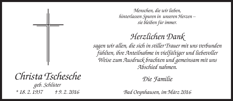  Traueranzeige für Christa Tschesche vom 12.03.2016 aus Neue Westfälische