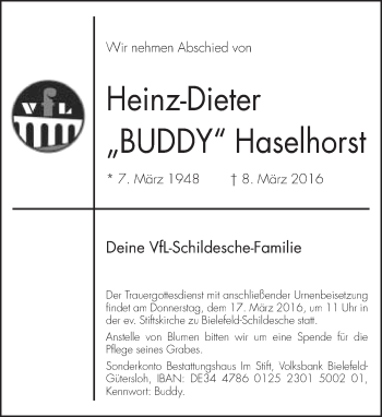 Traueranzeige von Heinz-Dieter Haselhorst von Neue Westfälische