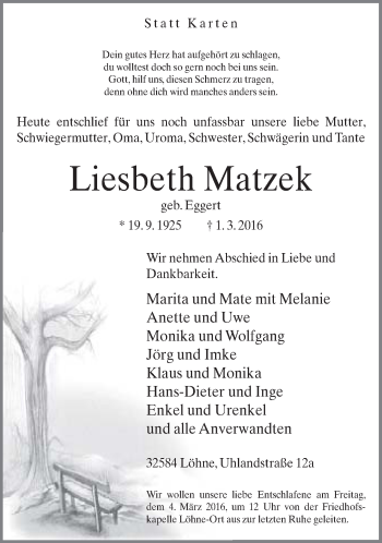 Traueranzeige von Liesbeth Matzek von Neue Westfälische
