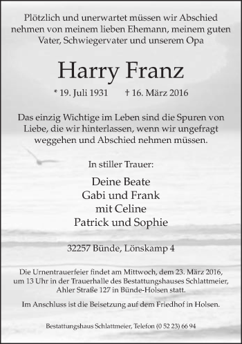 Traueranzeige von Harry Franz von Neue Westfälische