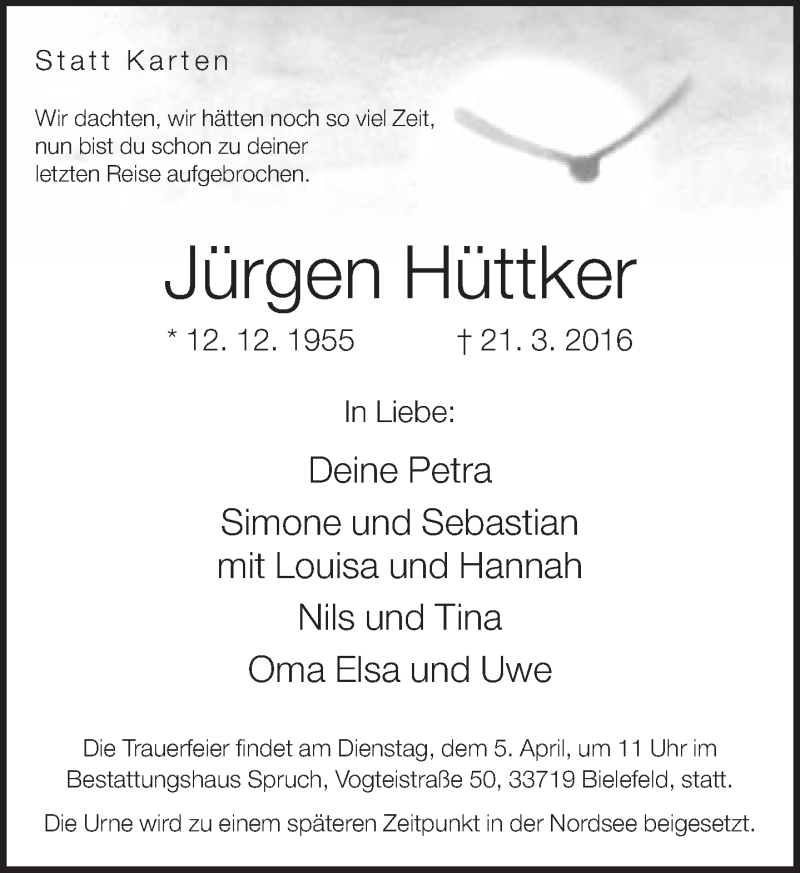  Traueranzeige für Jürgen Hüttker vom 25.03.2016 aus Neue Westfälische