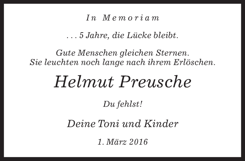  Traueranzeige für Helmut Preusche vom 01.03.2016 aus Neue Westfälische