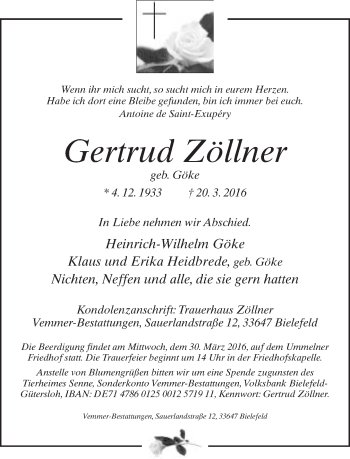 Traueranzeige von Gertrud Zöllner von Neue Westfälische