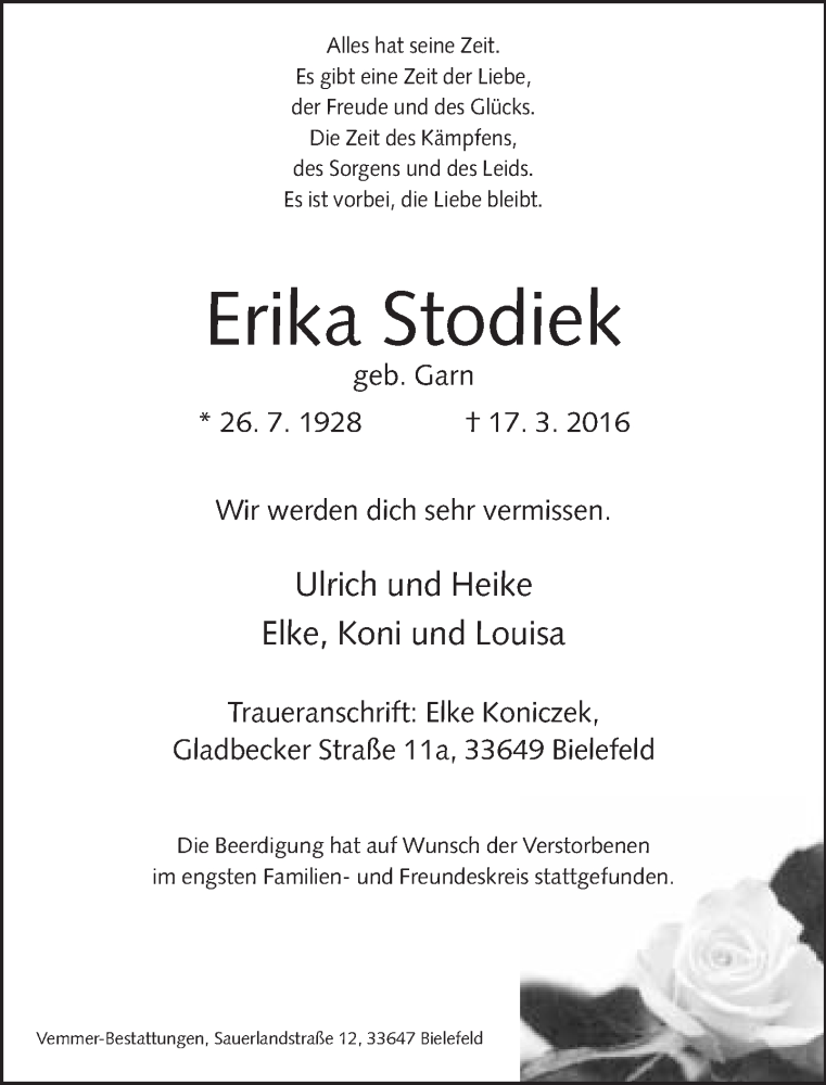  Traueranzeige für Erika Stodiek vom 25.03.2016 aus Neue Westfälische
