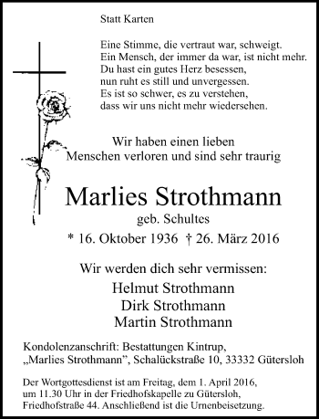 Traueranzeige von Marlies Strothmann von Neue Westfälische