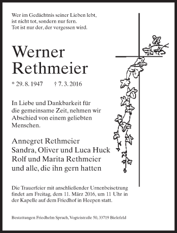 Traueranzeige von Annegret Rethmeier von Neue Westfälische