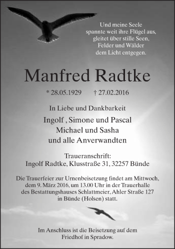 Traueranzeige von Manfred Radtke von Neue Westfälische