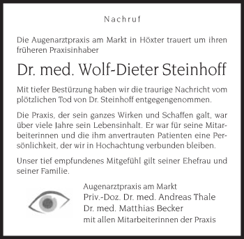 Traueranzeige von Wolf-Dieter Steinhoff von Neue Westfälische