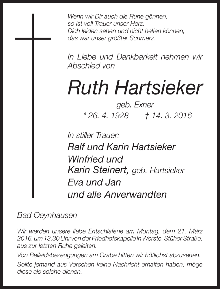  Traueranzeige für Ruth Hartsieker vom 17.03.2016 aus Neue Westfälische