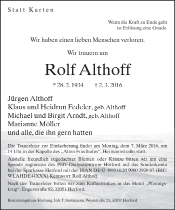 Traueranzeige von Rolf Althoff von Neue Westfälische