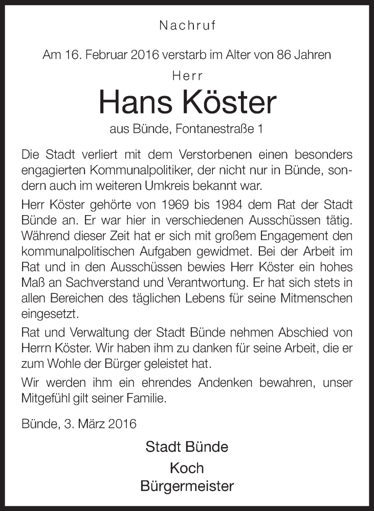  Traueranzeige für Hans Köster vom 05.03.2016 aus Neue Westfälische
