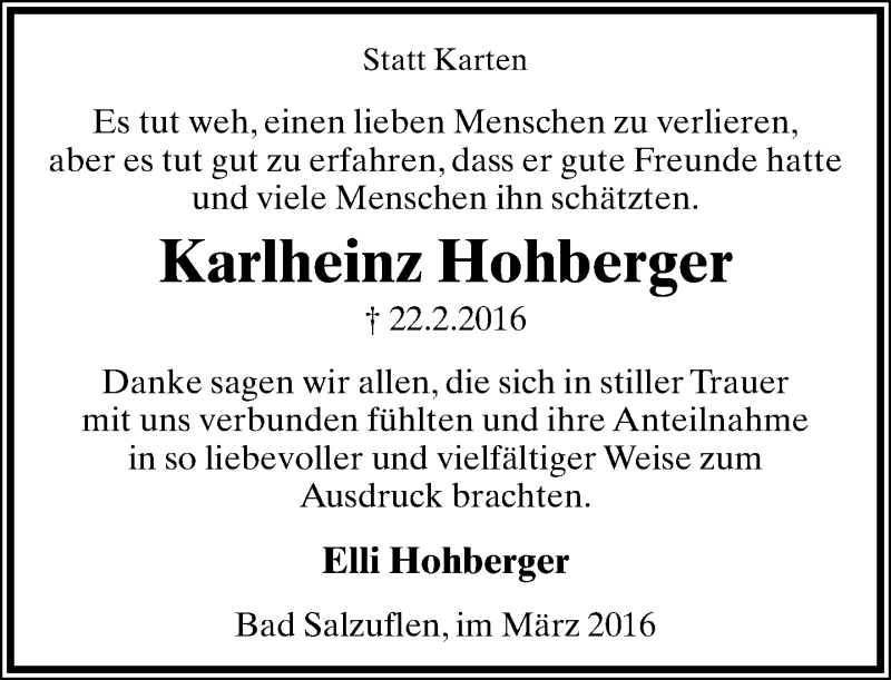  Traueranzeige für Karlheinz Hohberger vom 12.03.2016 aus Neue Westfälische