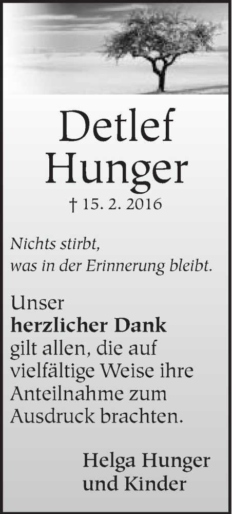  Traueranzeige für Detlef Hunger vom 22.03.2016 aus Neue Westfälische