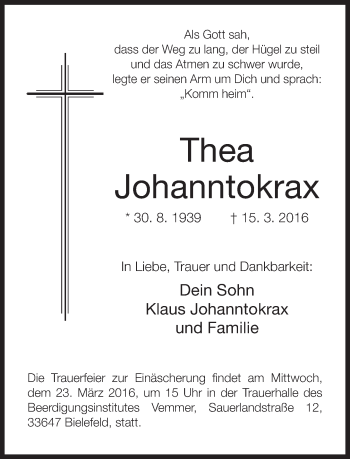 Traueranzeige von Thea Johanntokrax von Neue Westfälische